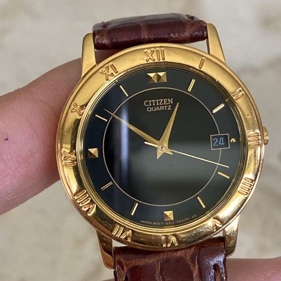 CITIZEN Quartz Watch Gold Tone Case Black Dial Original Croc Embossed Strap - Picture 4 of 12